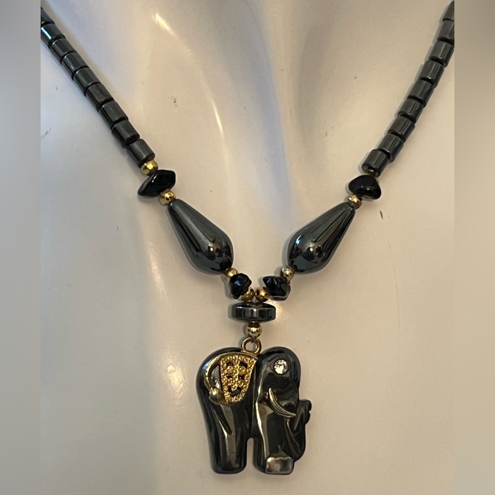 Vintage Hematite Black & Gold Beaded Stones Far East Elephant Pendant Necklace